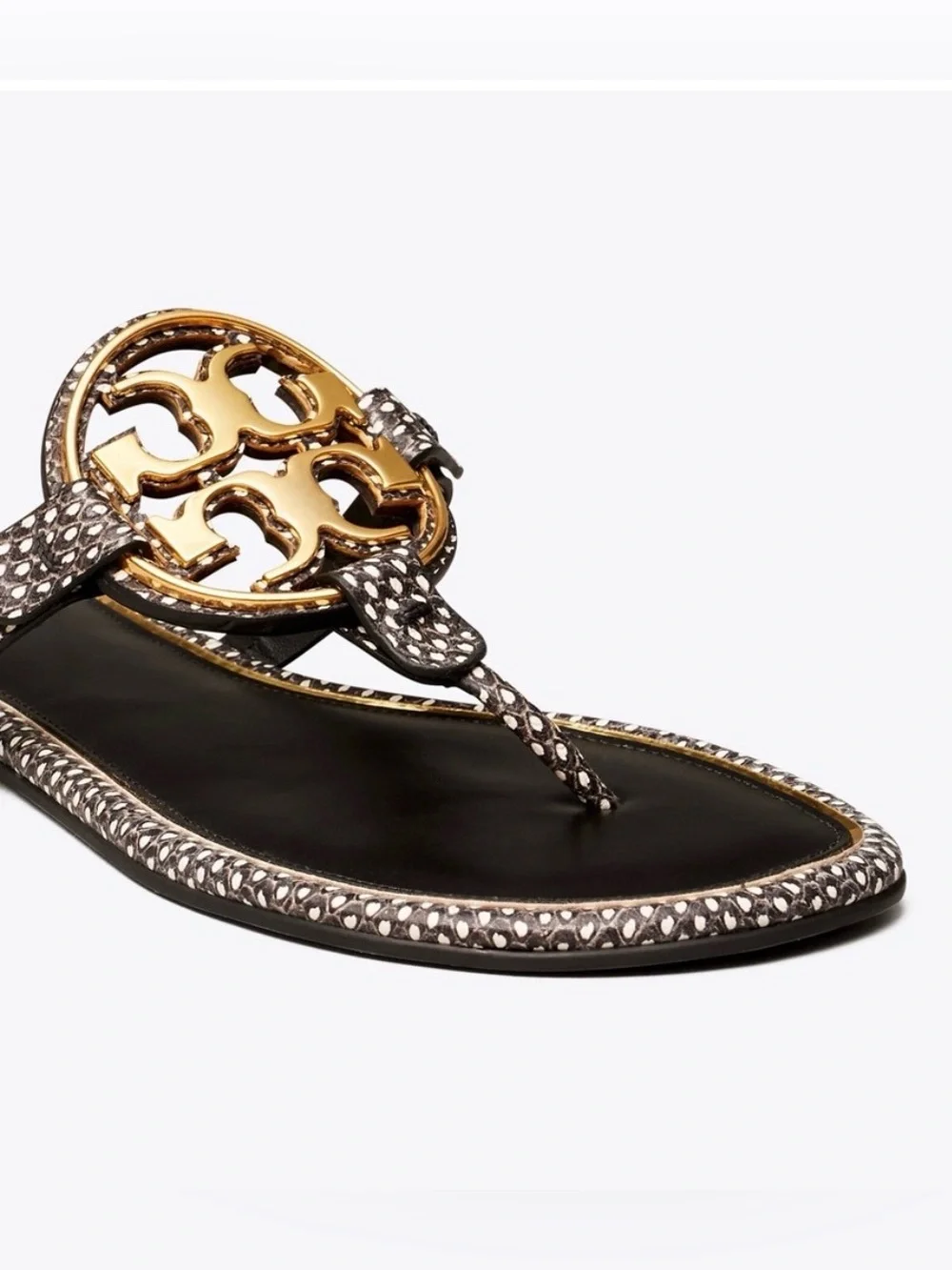 Tory Burch Black & White Leather Embossed Spotted Snake Metal Miller Sandals